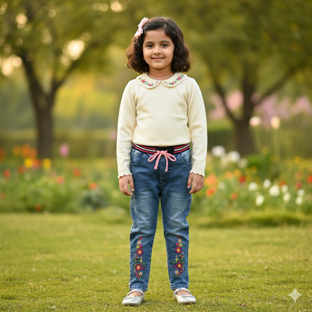 Girls Embroidered Flower Design Jeans – JN-0128